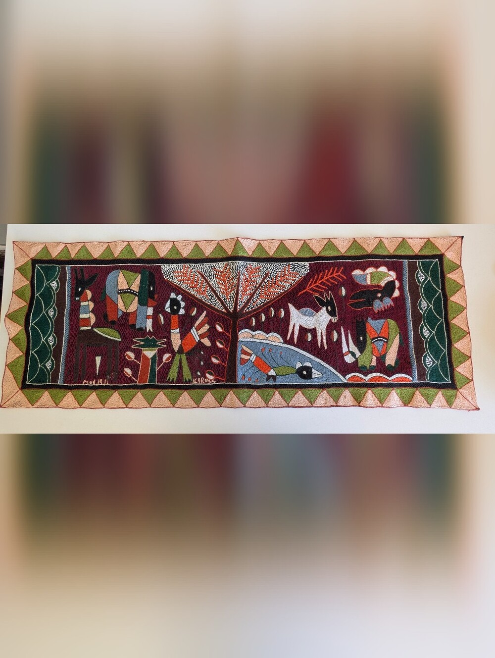 Vintage KAROSS South African Folk Art Embroidered Wall Hanging Textile Tapestry